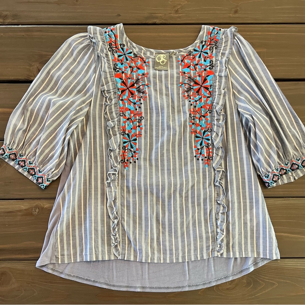 Mixed Media Blue Embroidered Blouse with Ruffles NWOT